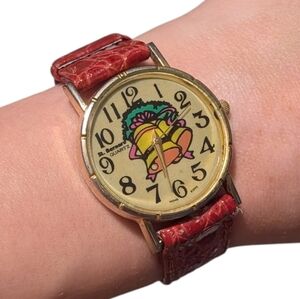 Vintage Holiday Festive St. Bernard Quartz Red and Gold Wristwatch Bells Wreath